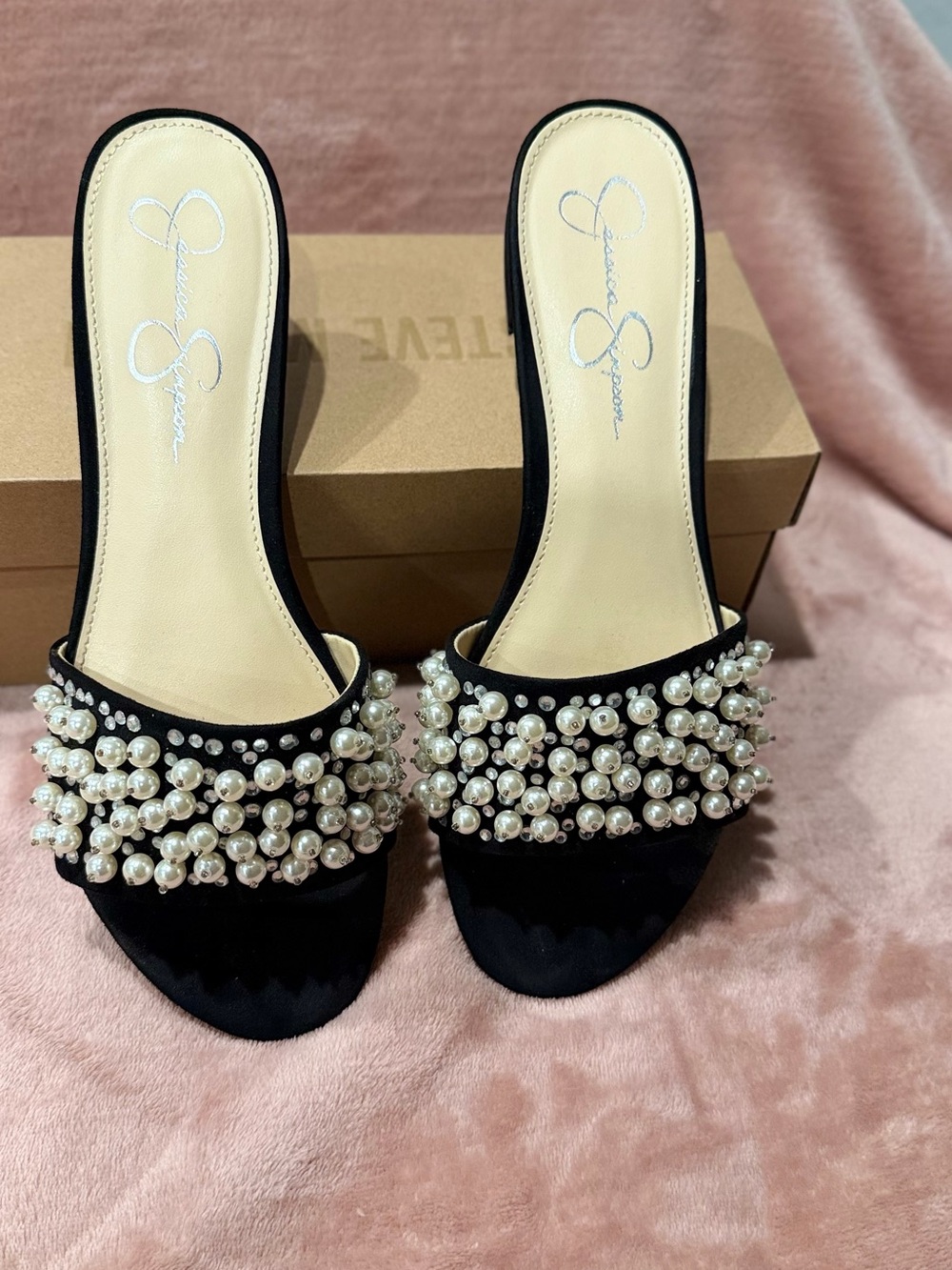 Jessica Simpson Black Pearl-Embellished Slide Mules - Picture 2 of 4